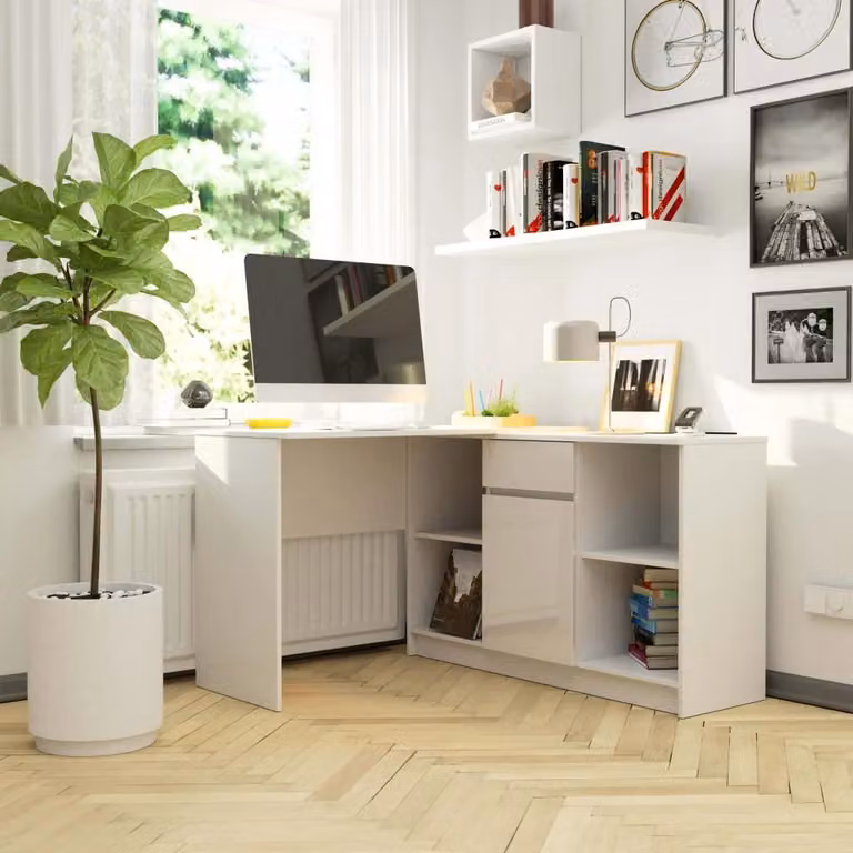 Scrivania angolare con cassettiera RALIO - bianco / bianco lucido
