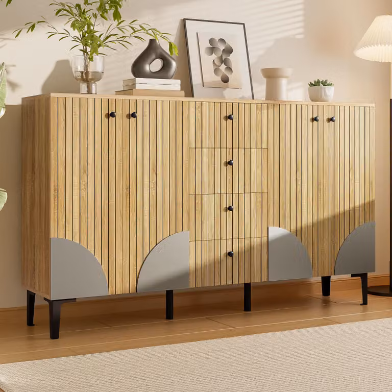 Merax Mobile contenitore moderno con gambe in PVC nero, credenza in legno con 4 ante e 4 cassetti, credenza per soggiorno e sala da pranzo, natura