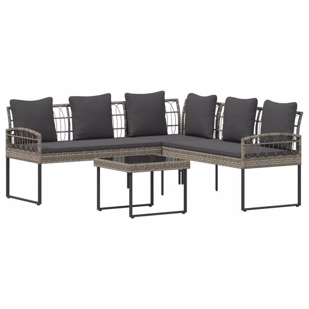 Set Divano da Giardino a L vidaXL con Tavolino in Rattan e Acciaio, Grigio e Nero, con Cuscini Inclusi e Rivestimenti Rimovibili – 2