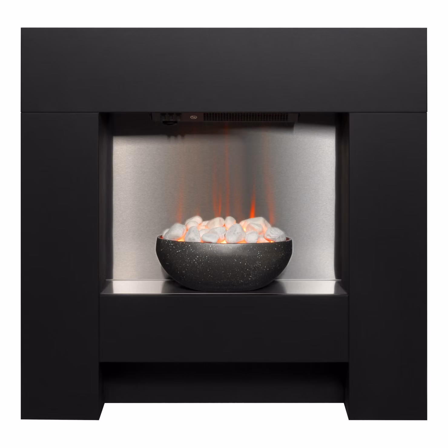Suite camino elettrico Adam Cubist in nero strutturato, dimensioni 87,5 cm x 90,5 cm x 18 cm con effetto luce ambientale a LED e potenza termica 1kW - 2kW