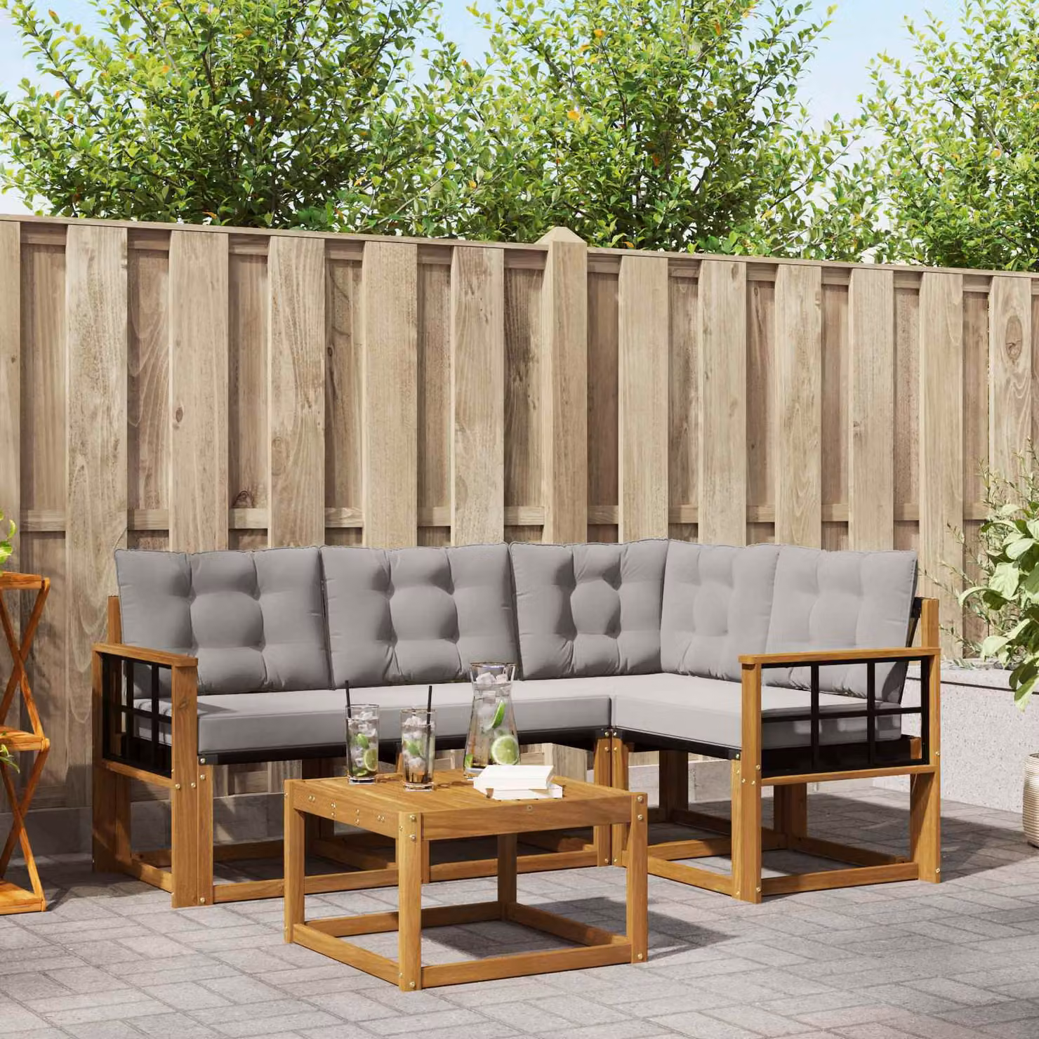 Set di divani da esterno vidaXL a forma di L composto da 5 pezzi con tavolo da caffè, struttura in legno di acacia trattato, colore grigio e marrone