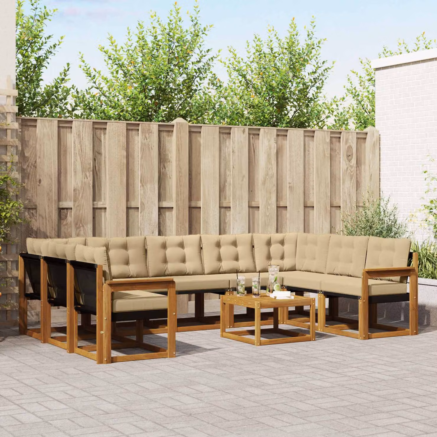 vidaXL Set di divani da esterno a L in legno di acacia con tavolino da caffè, 10 pezzi, Beige e Marrone