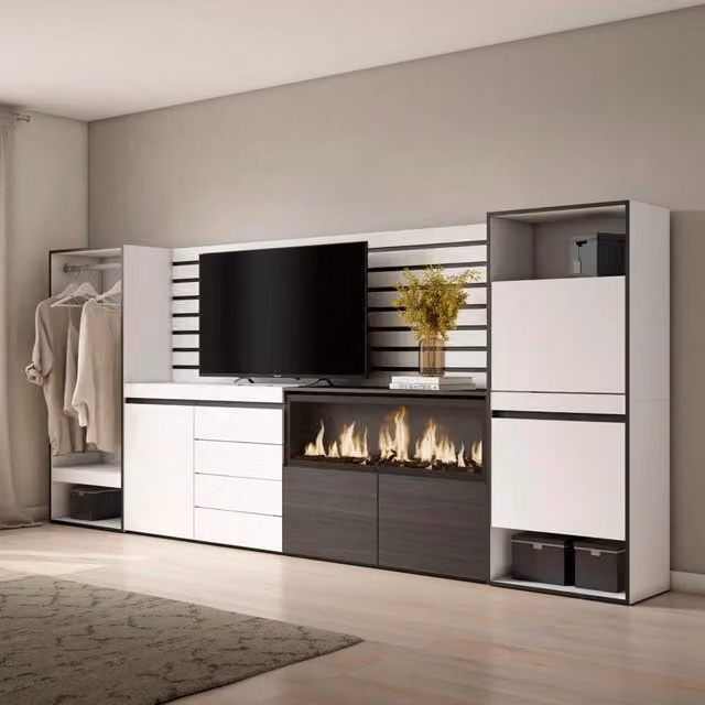 Credenza SKRAUT HOME Bianca con Camino Elettrico XXL, Armadio Aperto e Cassettiera per Camera da Letto, L: 334 cm, P: 35 cm, H: 145 cm