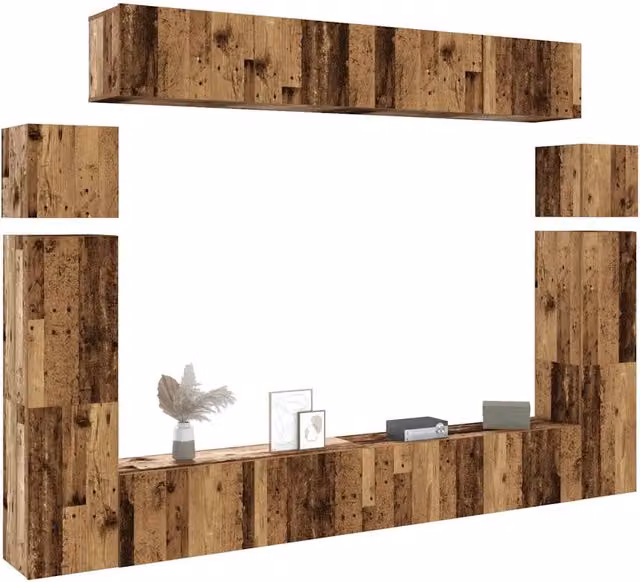 Set Mobile TV da parete vidaXL in 8 pezzi in MDF color marrone effetto legno antico opaco