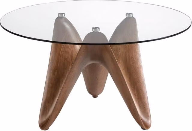 Tavolo da pranzo rotondo moderno Angel Cerda con piano in vetro trasparente e base in noce, Diametro: 150 cm, Altezza: 75 cm