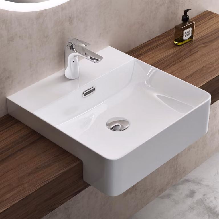doporro Lavabo Semincasso 42 cm in Vetroceramica Bianco, Lavabo Bagno da Appoggio Quadrato con Foro Rubinetto e Troppopieno, Rivestimento Nano Brš¹ssel702