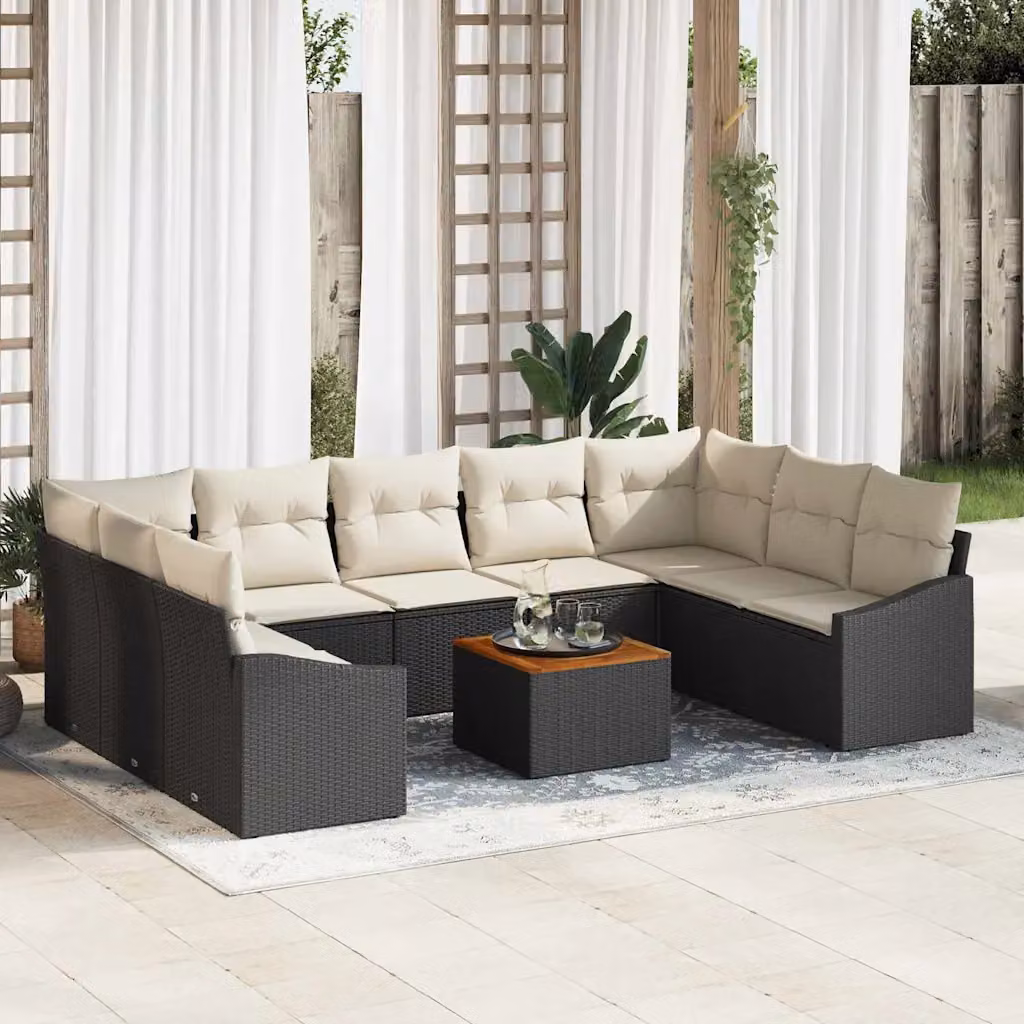 Set Divano da Giardino vidaXL 10 Pezzi a Forma di U con Cuscini Nero e Beige in Polyrattan e Acciaio – 1