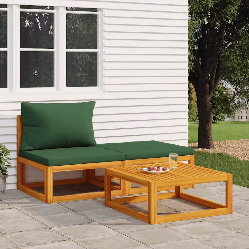 Set Mobili da Giardino vidaXL in Legno di Acacia con Cuscini Verdi, Composto da Divano 2 Posti, Tavolino e Pouf