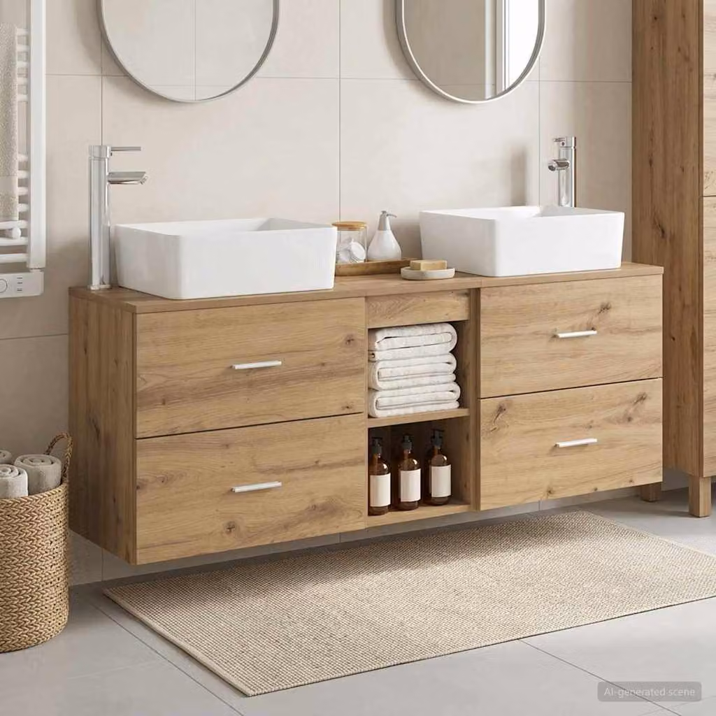 Set di mobili da bagno moderni vidaXL in legno marrone, composto da 3 pezzi con base lavabo e armadietti laterali, L 136 x P 35 x H 80 cm