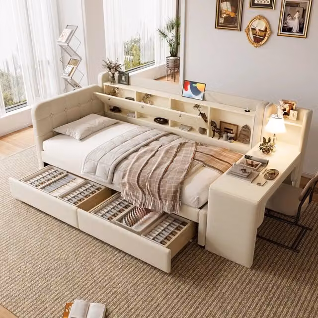 Letto divano singolo OKWISH in lino beige con 2 cassetti, scrivania e porte di ricarica USB e Tipo C, L/P: 90 x 200 cm