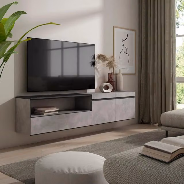 Mobile TV, 200x35x45cm, soggiorno, Per TV fino a 80", da appendere, grigio cemento RF2216