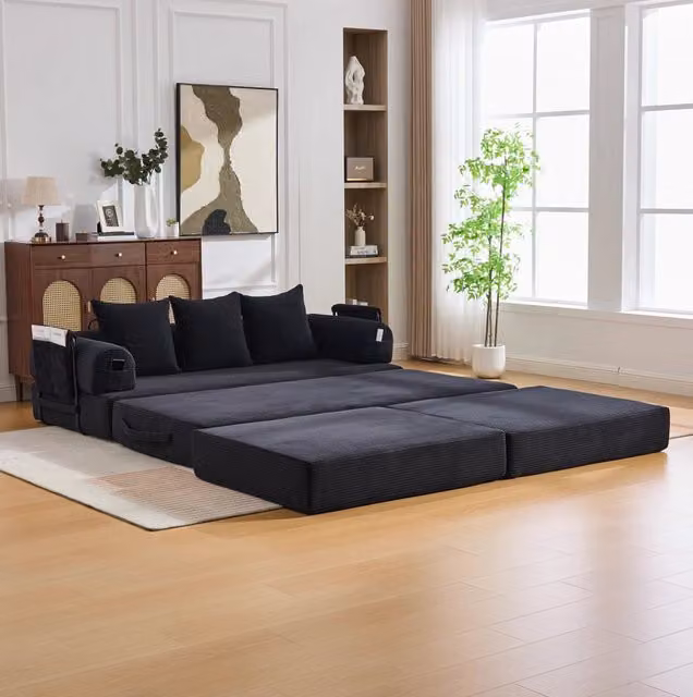 Sofa modulare in tessuto corduroy con pouf; tasca laterale; 200x190x67 cm; nero
