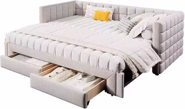 Letto a Divanetto 90 x 200 cm; Letto Singolo - 2 Cassetti; Estraibile - in Velluto Beige
