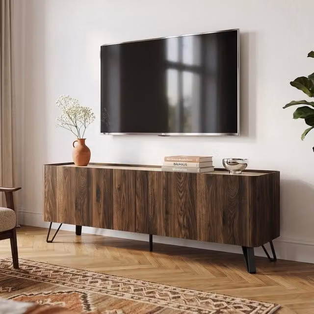 Mobile Porta TV Trorlon en.casa con 4 Ante, Effetto Noce e Travertino, L/P/H: 160 x 40 x 55 cm