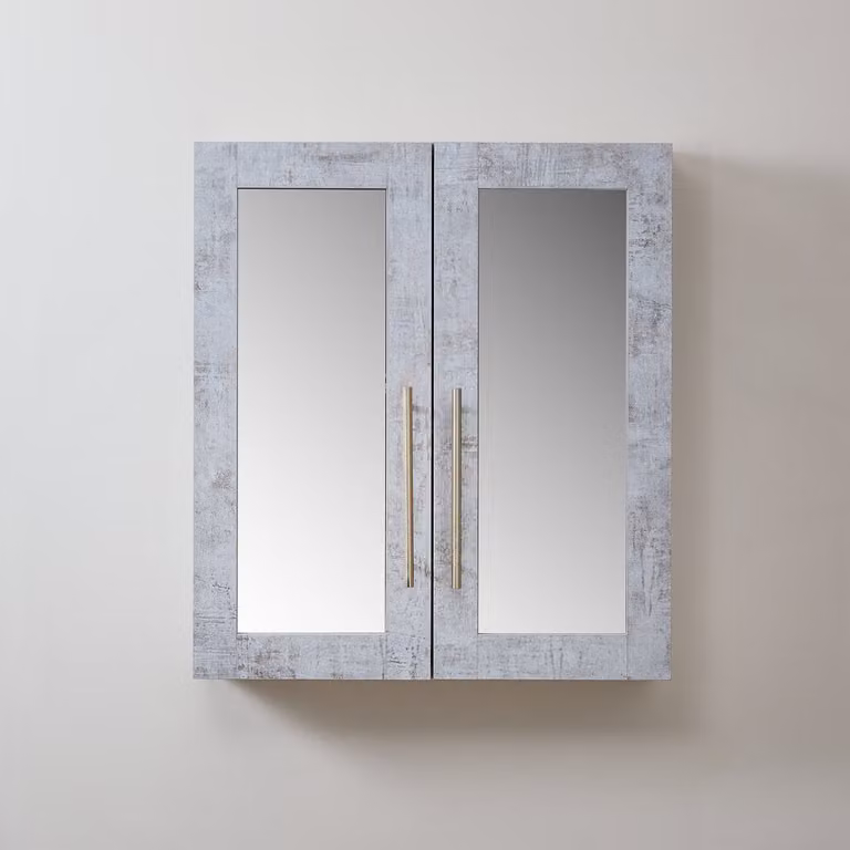 Mobiletto a Specchio da 900mm x 650mm Grigio Cemento - Completo di Maniglie Moderne a Barra in Oro Satinato - Cluo
