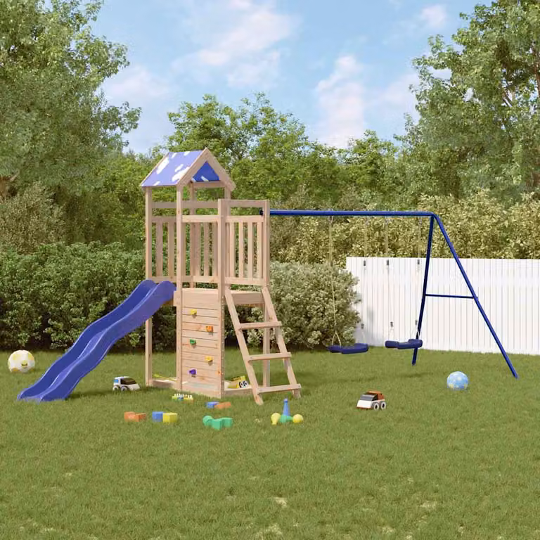vidaXL Set da Gioco da Esterno in Legno Massello con Scivolo, Altalena e Sabbiera, Multicolore, H 215 x L 185 x P 185 cm