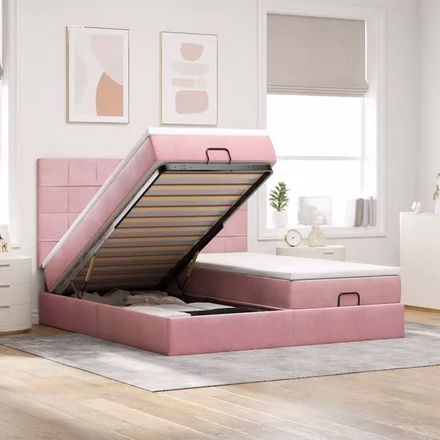 Letto con contenitore a sollevamento vidaXL in velluto rosa e bianco con illuminazione sottostante e porte USB L/P/H: 200 x 180 x 128 cm