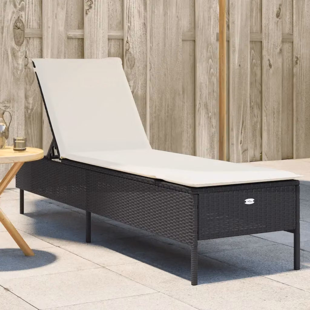 Lettino prendisole in polyrattan con cuscino nero e poggiatesta regolabile per giardino – 2