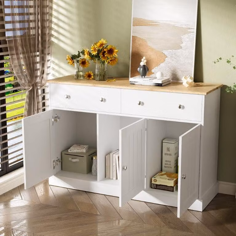 Comò moderno con texture incisa, 3 cassetti e 2 ante, bianco con dettagli in legno