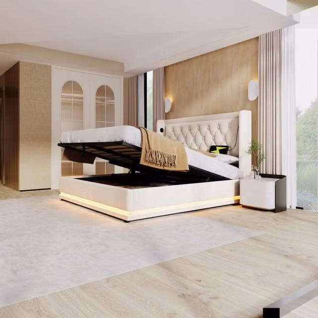 Letto contenitore 160 × 200 cm con testiera imbottita USB Type-C LED su 3 lati in acciaio beige cotone