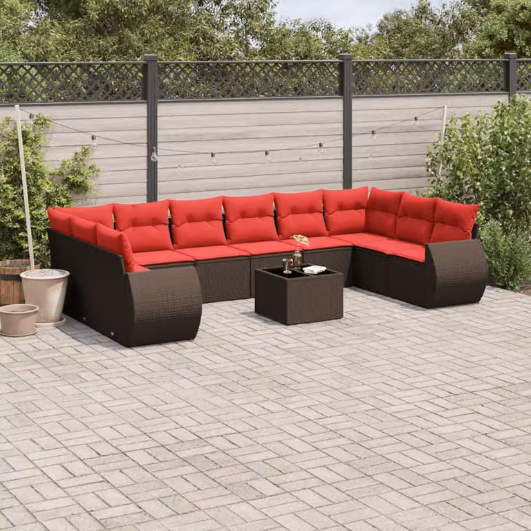 Set di divani da giardino vidaXL in polyrattan marrone con 11 pezzi, design moderno a L con cuscini e tavolino da esterno