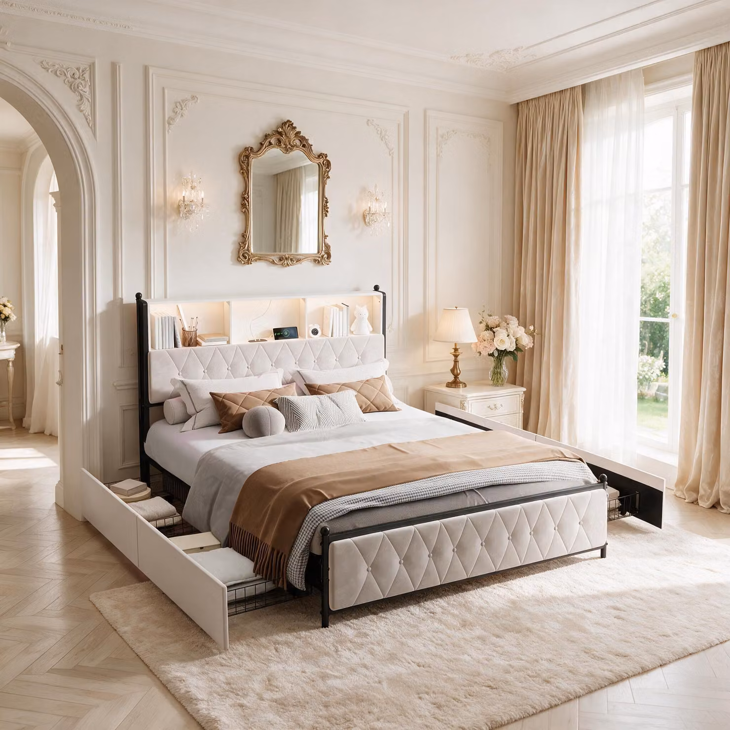 Letto imbottito INONEFT, 160x200 cm, con illuminazione LED, porte USB di tipo C e USB, letto per giovani con 3 spazi contenitori nella testiera, 4 cassetti, rivestito in velluto, color beige
