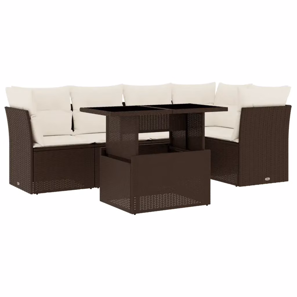 vidaXL Set Divano da Giardino a L 6 pz con Cuscini Marrone e Bianco in Polyrattan e Acciaio – 2