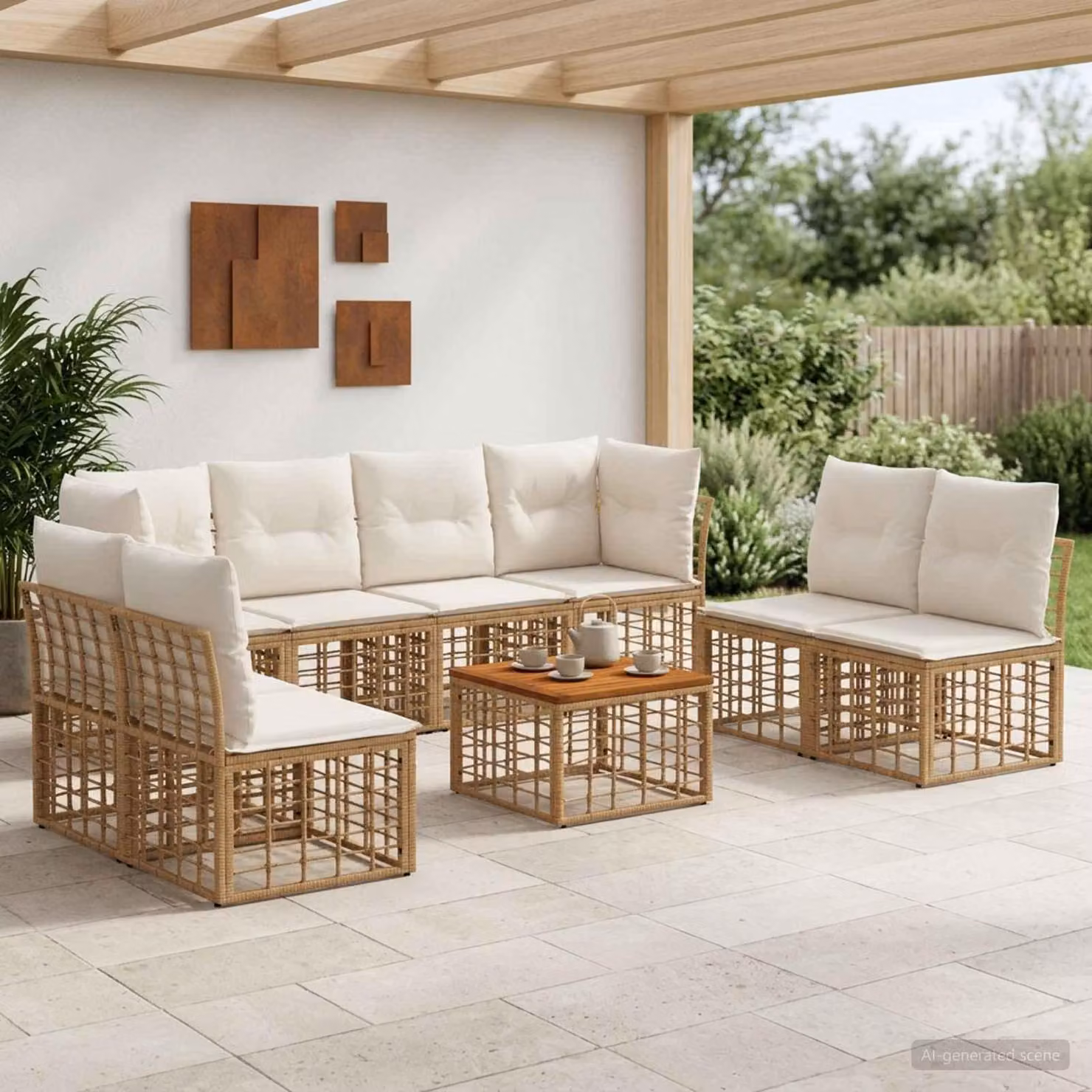 Maison Exclusive - Set da esterno per divano, 9 pezzi. Tessuto in poliestere, colore naturale e crema