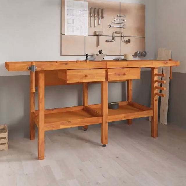 Banco da lavoro con cassetti e morsa vidaXL in legno di acacia marrone L/P/H: 192 x 62 x 83 cm – 1