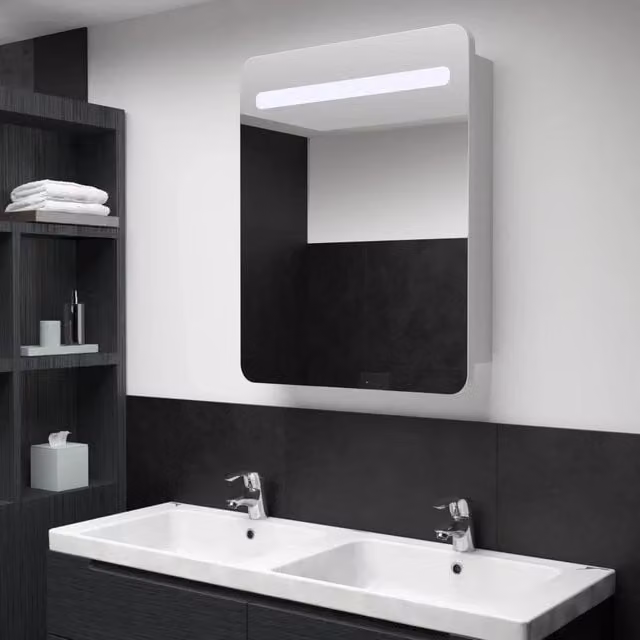 Armadietto da bagno moderno vidaXL con specchio e illuminazione LED, bianco e argento, L: 60 cm, P: 11 cm, H: 80 cm