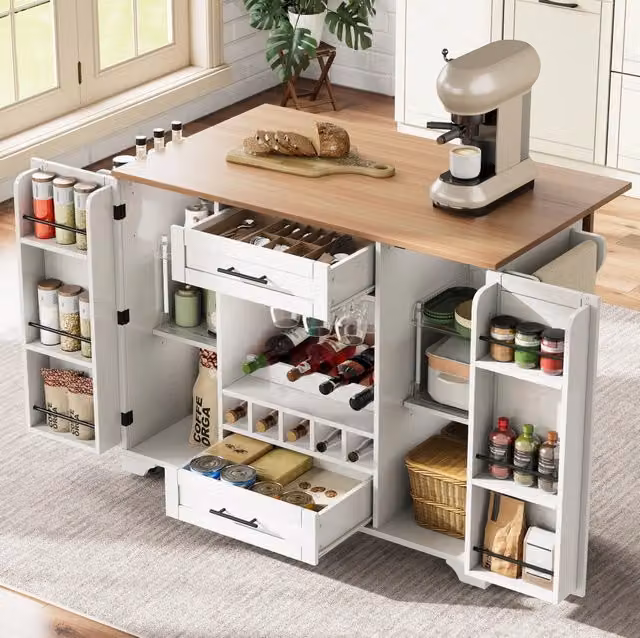 Carrello da cucina su ruote con piano di lavoro richiudibile, portabottiglie, portabicchieri, portacandele e porta asciugamani, 138x45(70)x92 cm, bianco