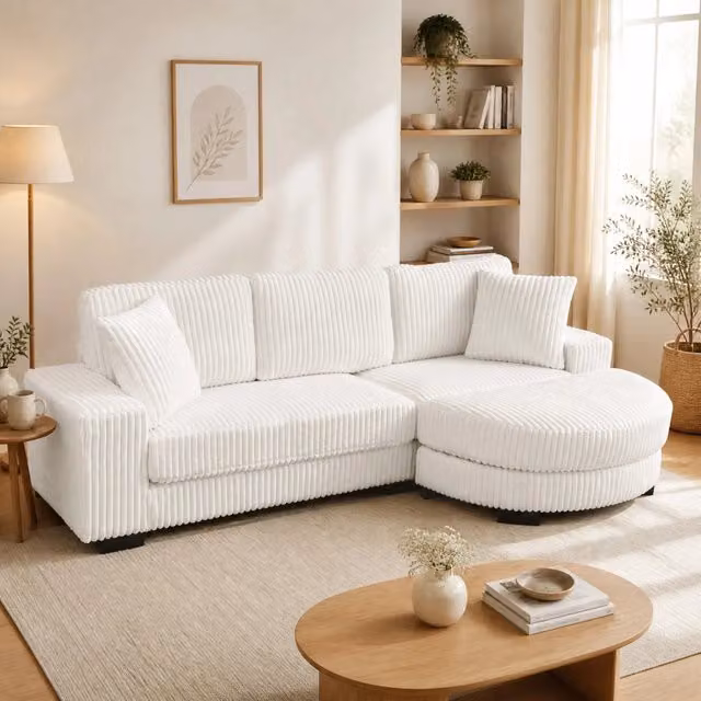 Divano angolare a L 4 posti 256;5x133;5x89 cm in velluto a coste beige con pouf ovale reversibile HOMVRA