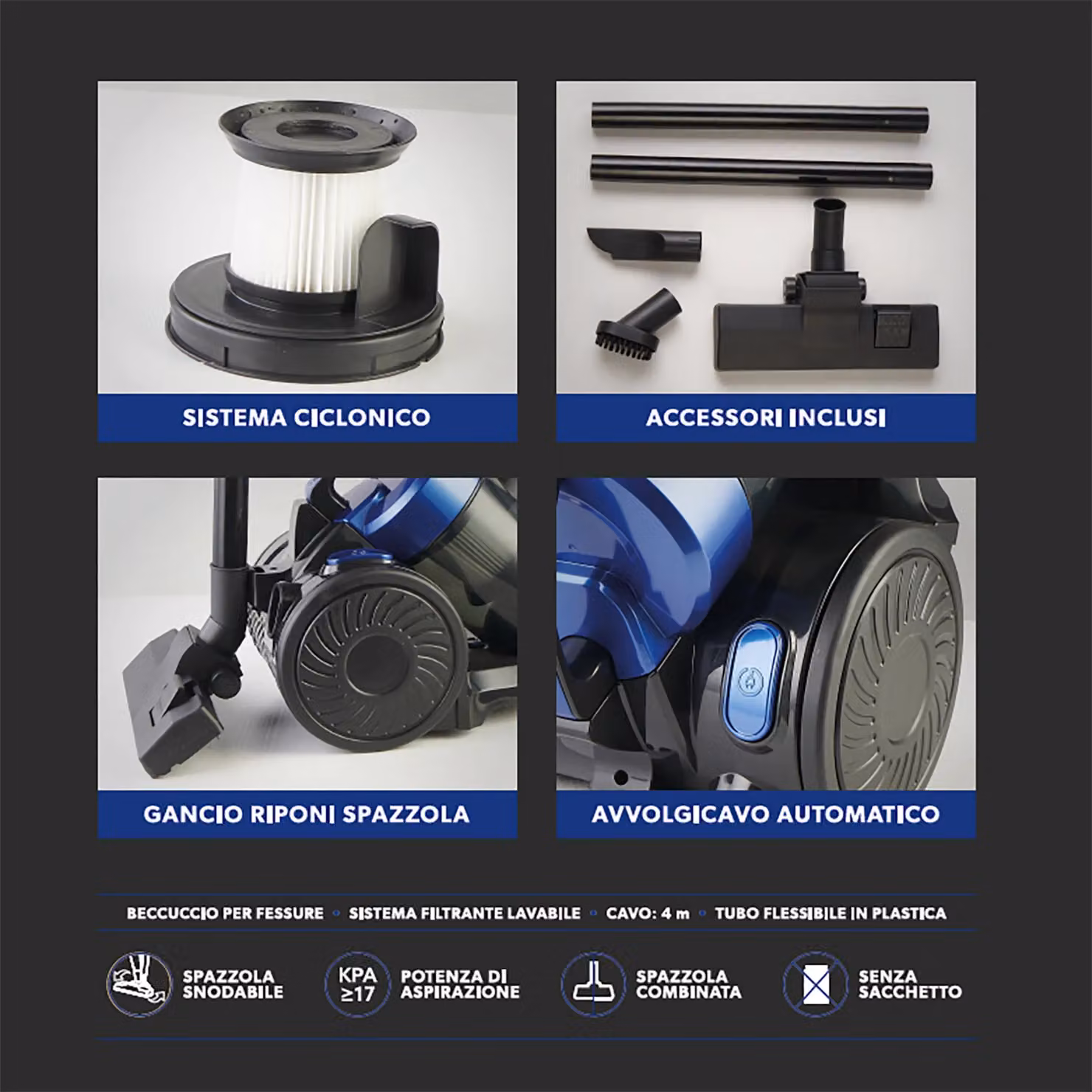 Dictrolux Aspirapolvere Ciclonico Serie 8803-1 Bagless da 800 Watt, Colore Blu con Filtro HEPA Lavabile – 4