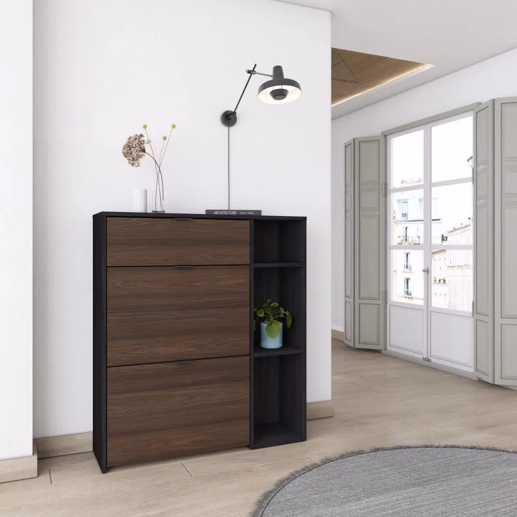 Scarpiera da ingresso Skraut Home con ante a battente, capacità 10 paia di scarpe, Nero e Rovere, L: 90 cm, P: 27 cm, H: 102 cm – 2