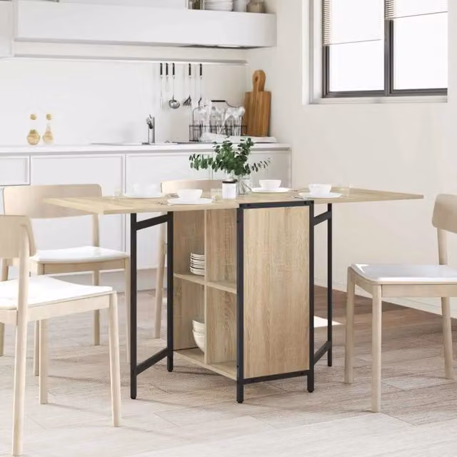 Tavolo da pranzo rettangolare estensibile vidaXL in legno e metallo, colore marrone e beige, L 144 x P 60 x H 75 cm – 1