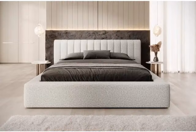 Letto contenitore CERVIN Meublorama in tessuto bouclé color beige, L 160 cm x P 200 cm, con rete sollevabile e design moderno – 1