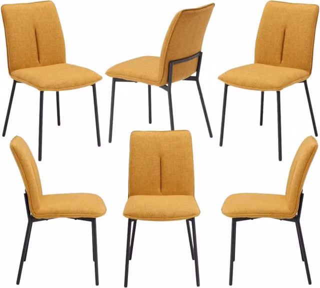 Set 6 sedie imbottita CAMILLA per cucina, sala da pranzo e soggiorno, design moderno, gambe coniche robuste finitura ghisa, schienale e seduta rivestiti con tessuto effetto doppio tono colore Senape