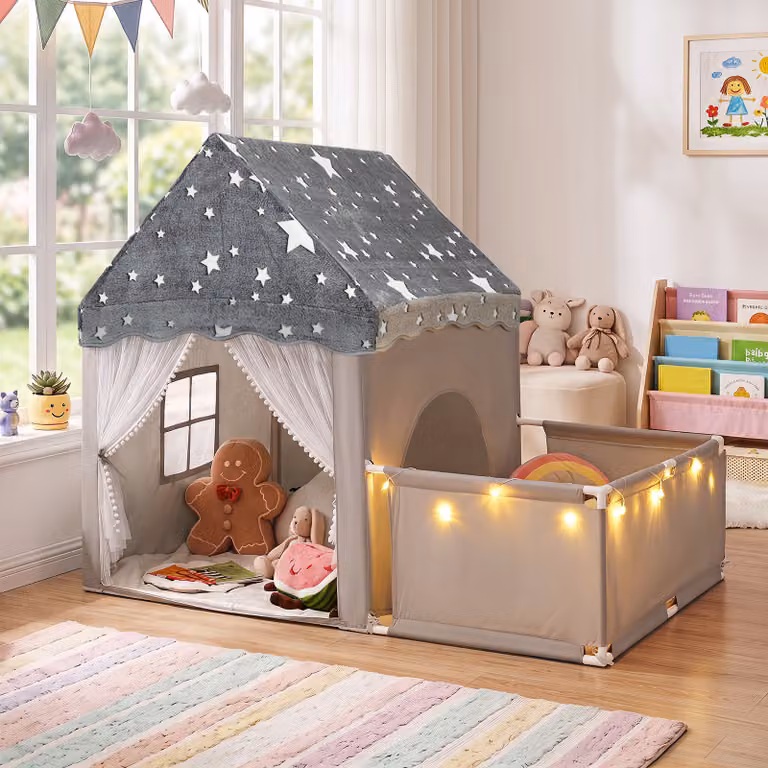 Costway Tenda da gioco 2 in 1 per bambini con recinto e luci a stelle, colore grigio