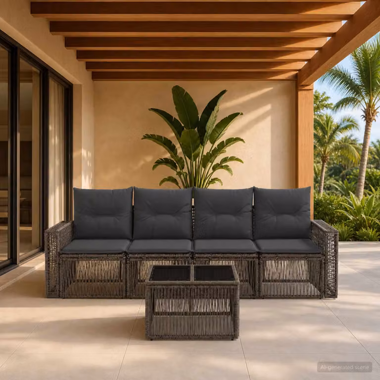 Set Divano da Giardino vidaXL 5 Pezzi in Polyrattan Grigio e Antracite con Cuscini e Tavolino
