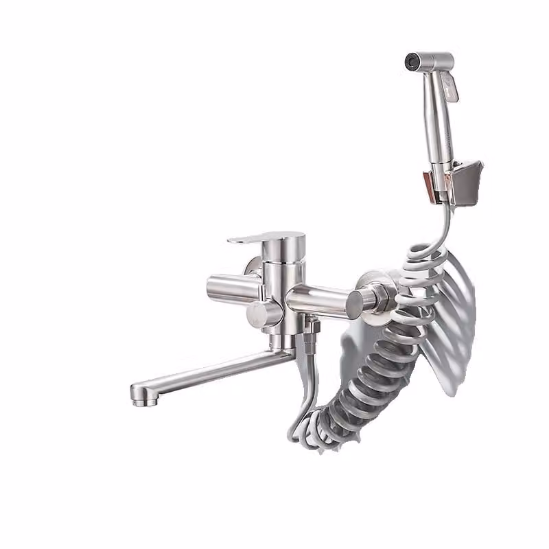 Rubinetto da cucina a parete in acciaio inox, design a doppio supporto, acqua calda e fredda, nichel