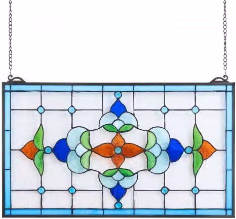 Pannello per finestra in vetro colorato VEVOR con decorazione floreale e geometrica multicolore, forma rettangolare, L: 66,4 cm x H: 40,2 cm