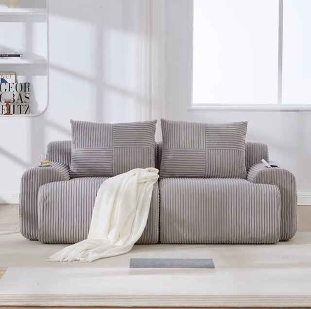 Divano 2 posti modulare in corduroy grigio chiaro 200x99x80 cm con portabicchieri e tasca laterale