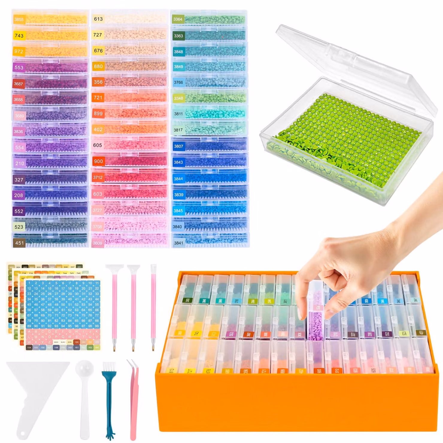 Set di organizer per diamond painting, composto da 45 scatole trasparenti per la conservazione e accessori