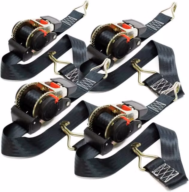 Set di 4 cinghie di fissaggio nere con tenditore a cricchetto, larghezza 30 mm e lunghezza 50 m, resistenza alla trazione 750 daN – 1