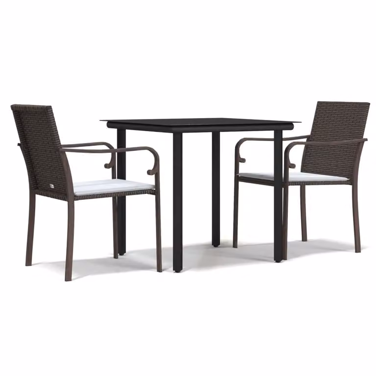 Set Pranzo da Giardino 3pz con Cuscini in Polyrattan e Acciaio