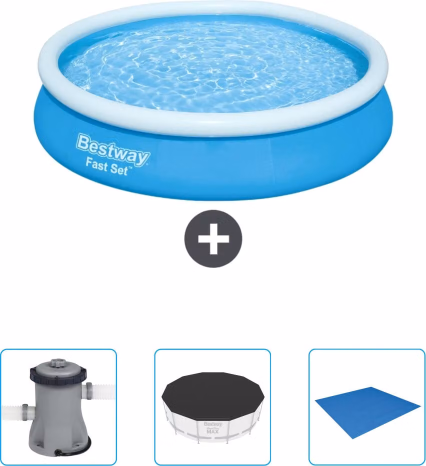 Bestway piscina gonfiabile rotonda fast set - 366 x 76 cm - blu - include pompa - copertura - telo di protezione