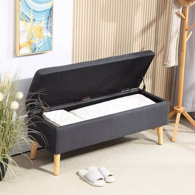 Panca contenitore imbottita con seduta ribaltabile e vano portaoggetti 110×39×45 cm in poliestere grigio scuro