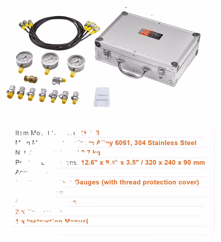 Kit di prova idraulica, con manometri resistenti, raccordi completi e 3 teste, composto da 9 pezzi