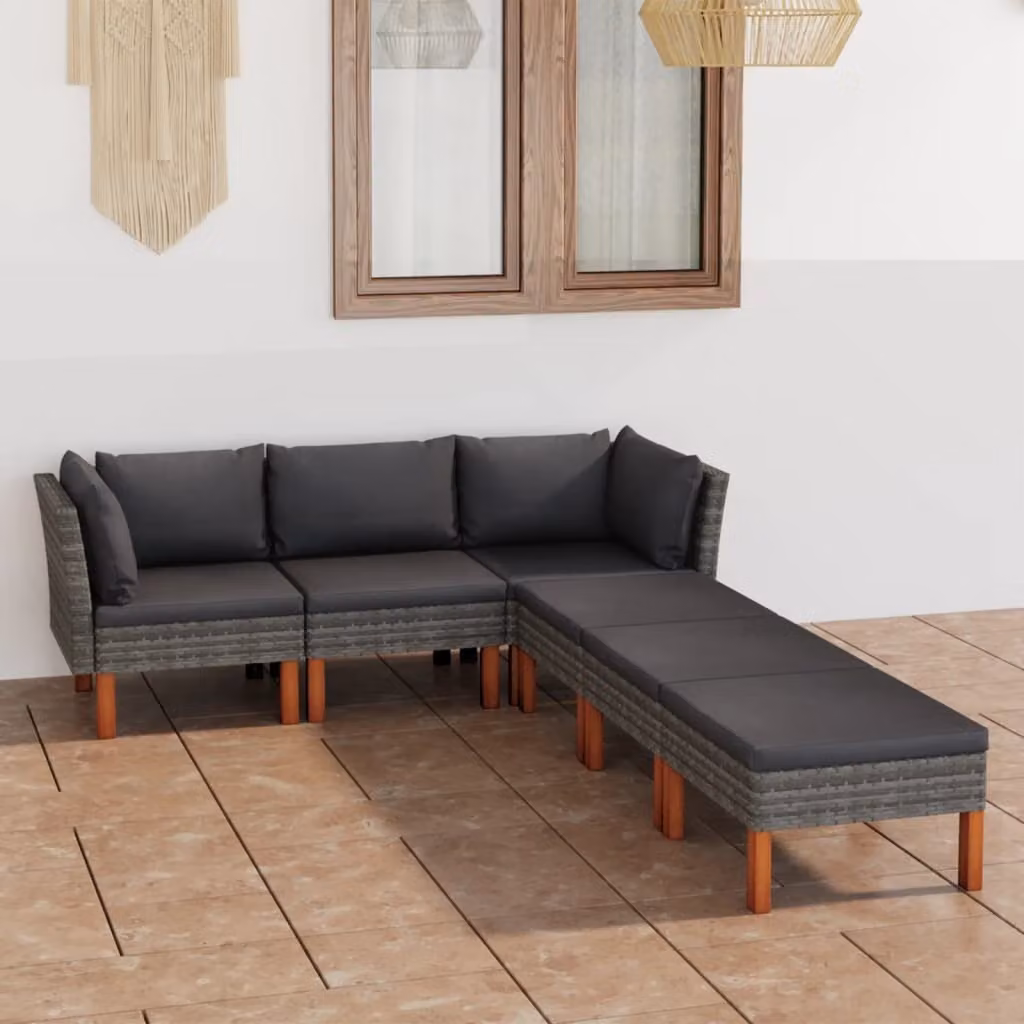 The Living Store Set da giardino da 6 pezzi con cuscini in poly rattan grigio