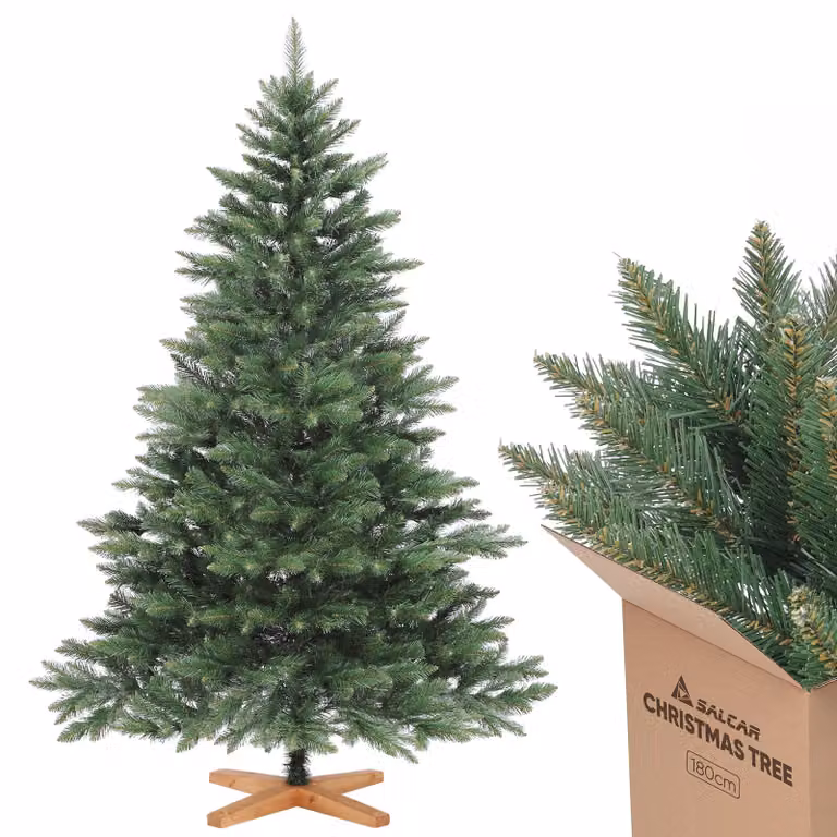 Salcar Premium Albero di Natale Artificiale XL 180 cm Abete Nordmann con supporto in legno e sistema pieghevole